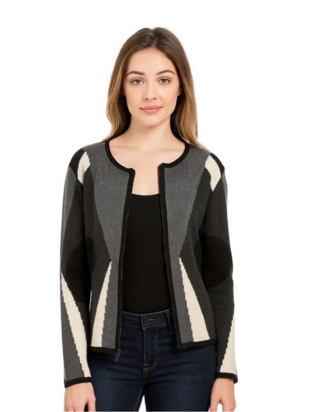 Talbots Alpaca Blend Zip-Front Geometric Knit Sweater in Gray, Black & Cream S